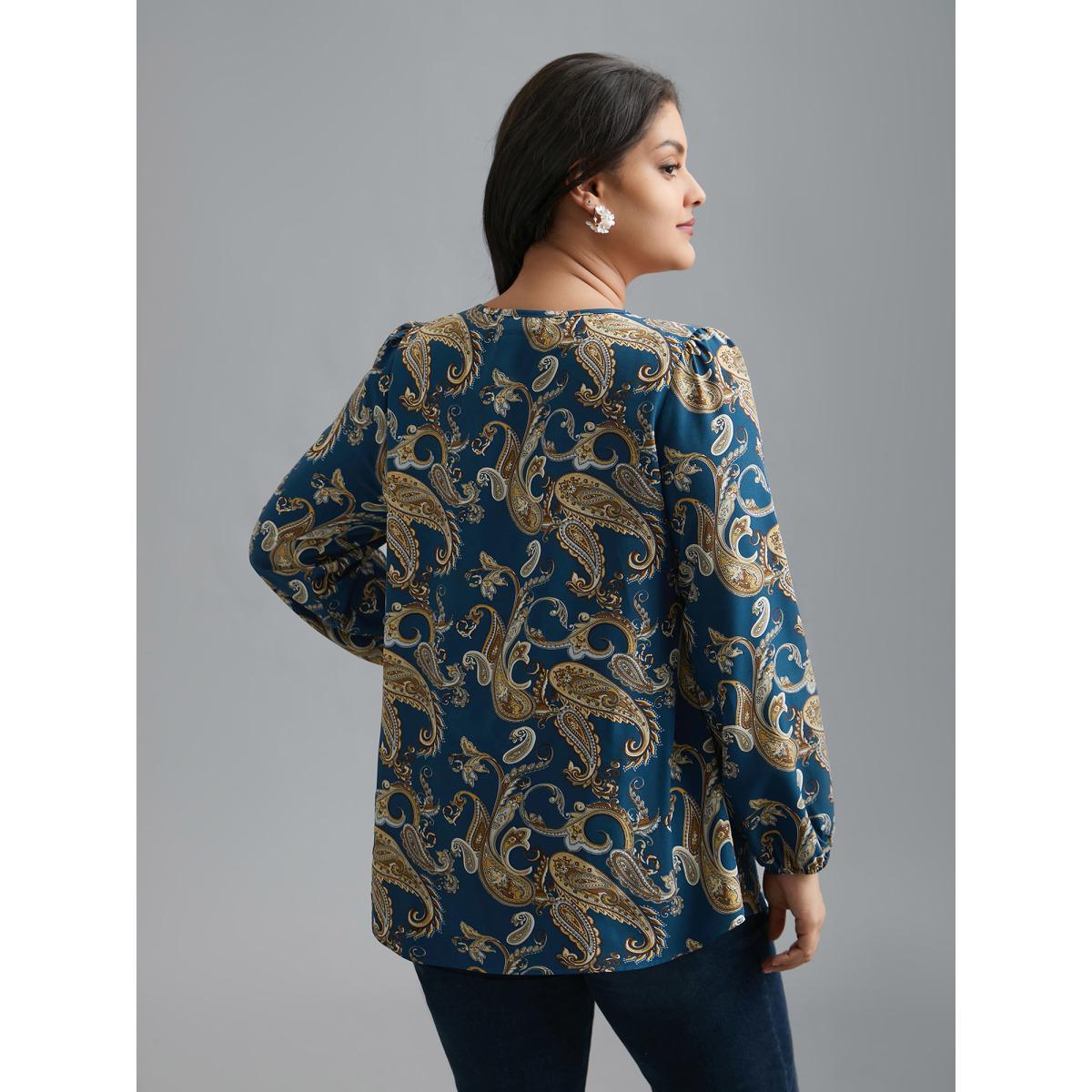 Plus Size Aegean Round Neck Paisley Cut Out Blouse Women Elegant Extra Long Sleeve Round Neck Everyday Blouses BloomChic 28/5X Product Image