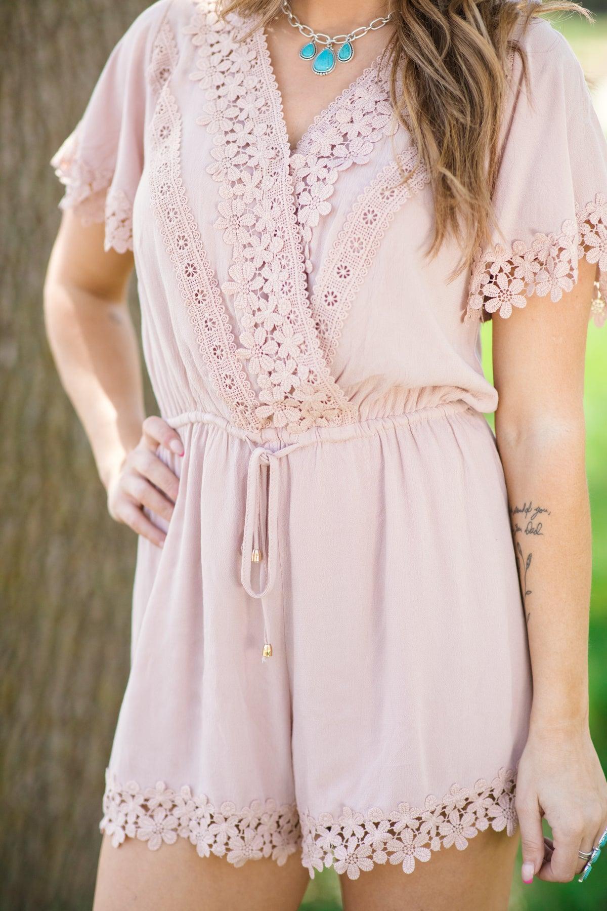 Tan Crochet Trim Short Sleeve Romper Product Image
