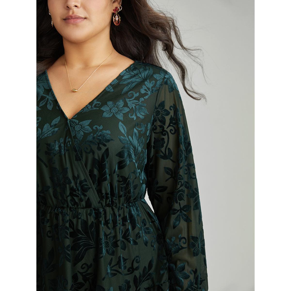 Plus Size DarkGreen Silhouette Floral Print Plain Velvet Texture Wrap Blouse Women Elegant Long Sleeve Overlap Collar Party Blouses BloomChic 30/6X Product Image