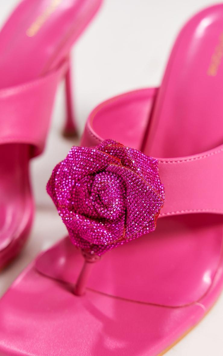Hot Pink Pu Square Thong Toe Diamante Flower Heeled Mules Product Image