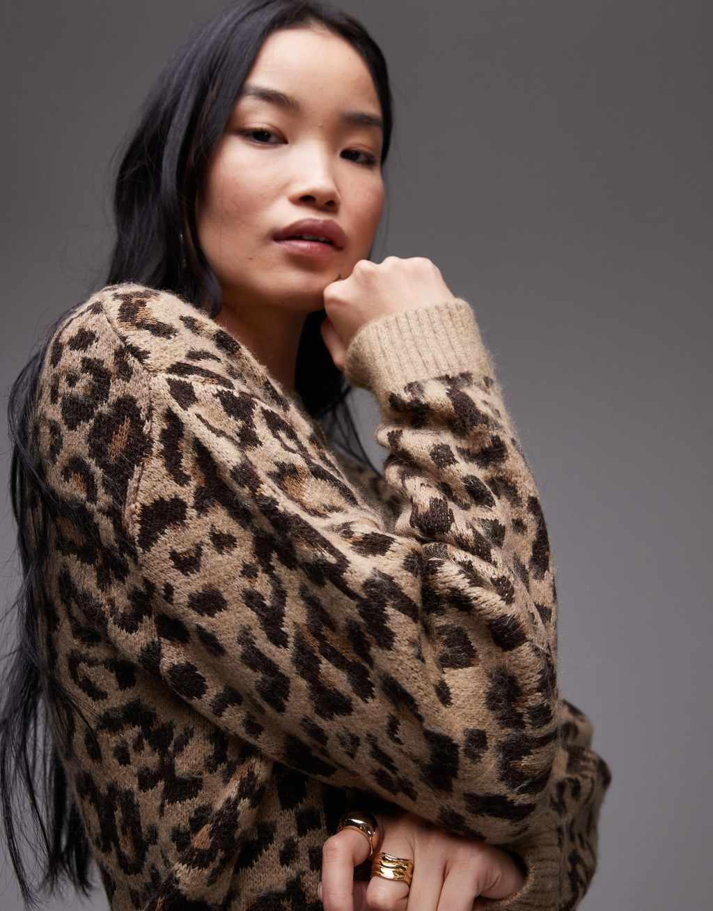 Mango oversized round neck sweater in leopard print Product Image