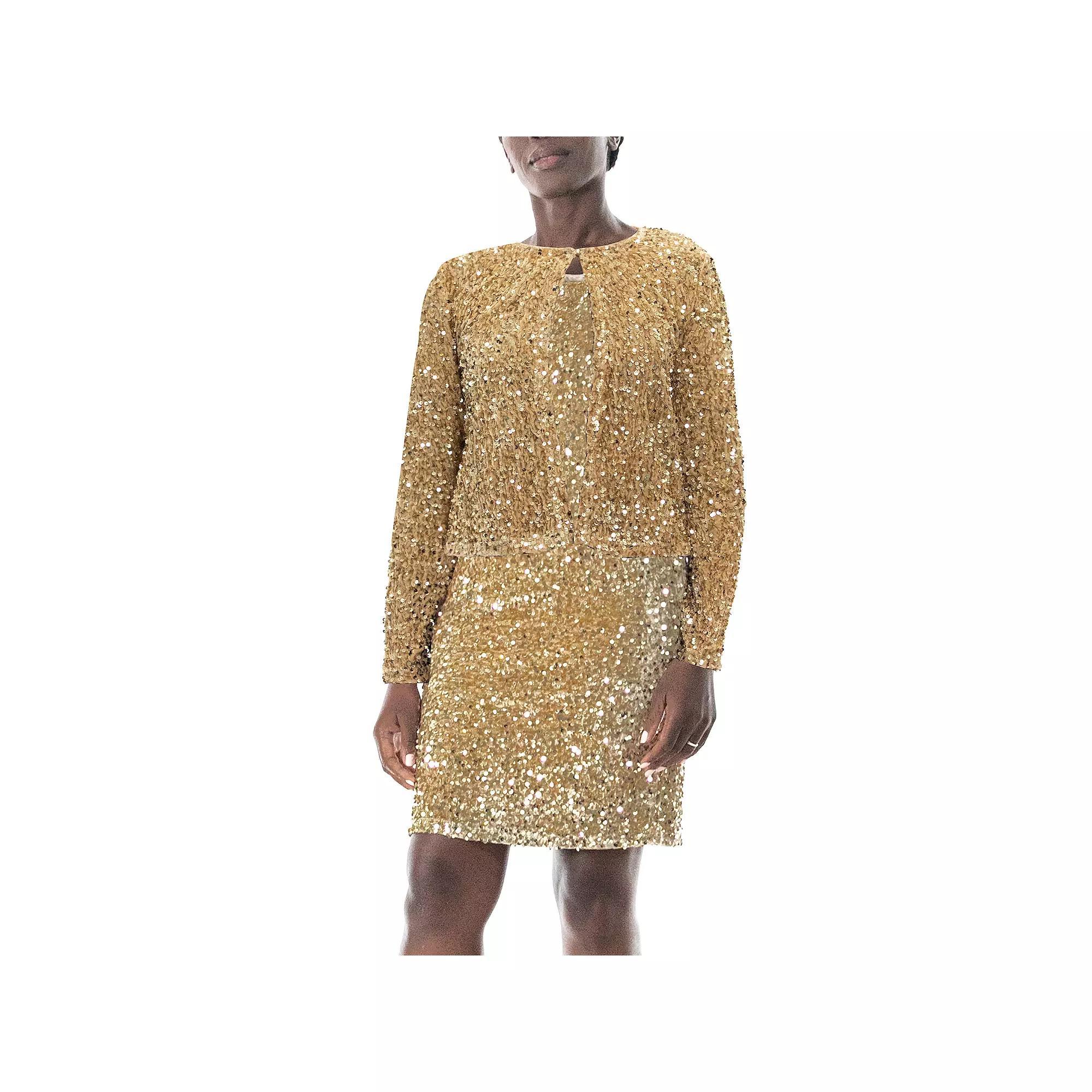Women's Nina Leonard Sequin Mesh Cardigan & Sequin Sheath Dress Set, Size: Small, Gold Product Image