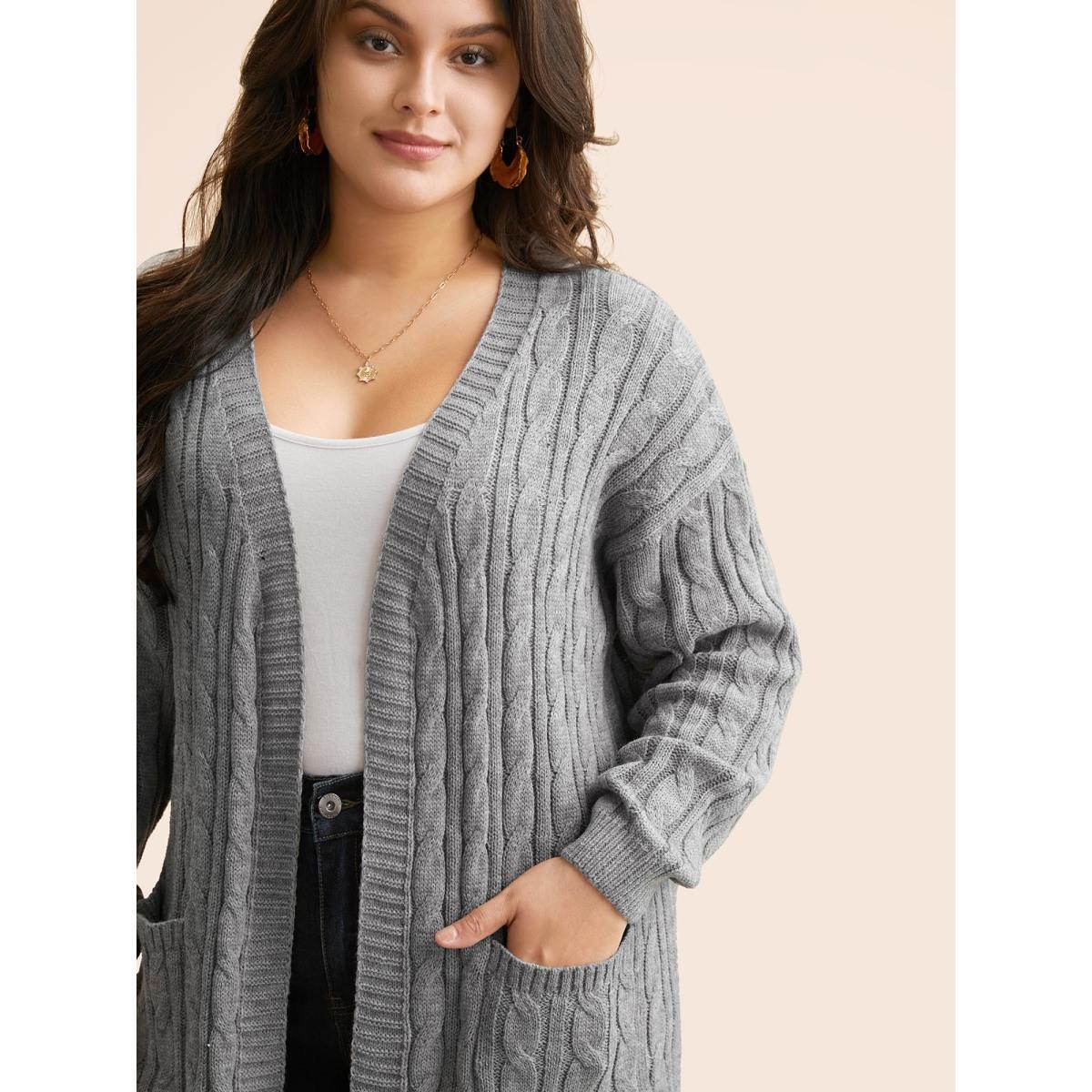 Plus Size Cable Knit Drop Shoulder Sleeve Cardigan Mediumgray Women Casual Loose Long Sleeve Everyday Cardigans BloomChic 26/4X Product Image