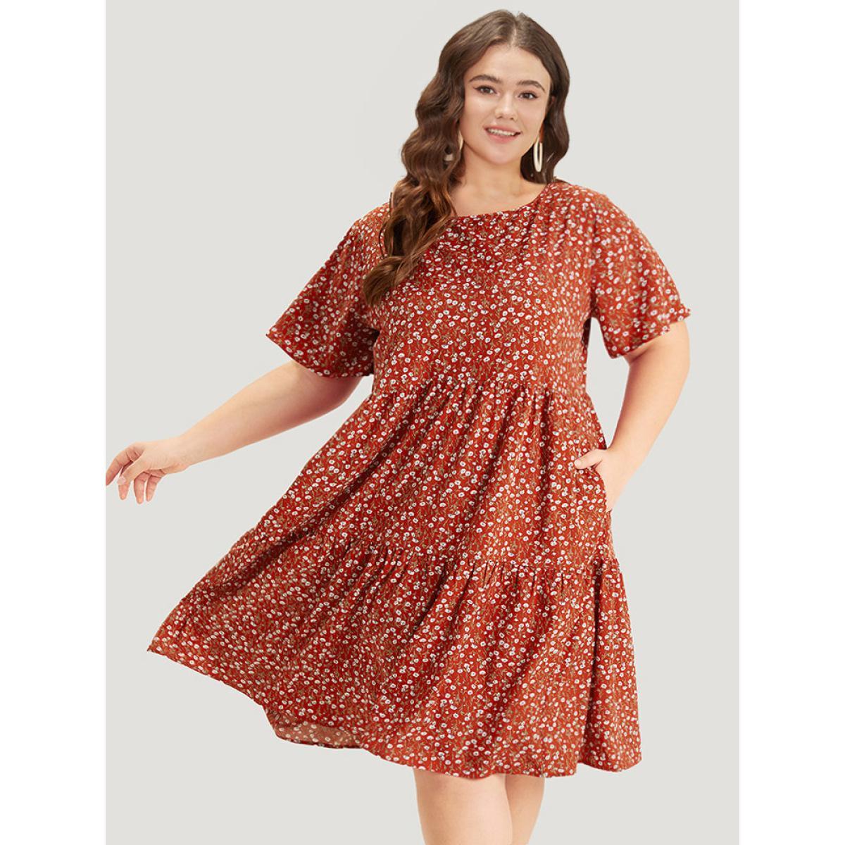 Plus Size Ditsy Floral Pocket Layered Patchwork Crew Neck Dress Russet Women Elegant Printed Round Neck Short sleeve Curvy Midi Dress BloomChic 28/5X Product Image
