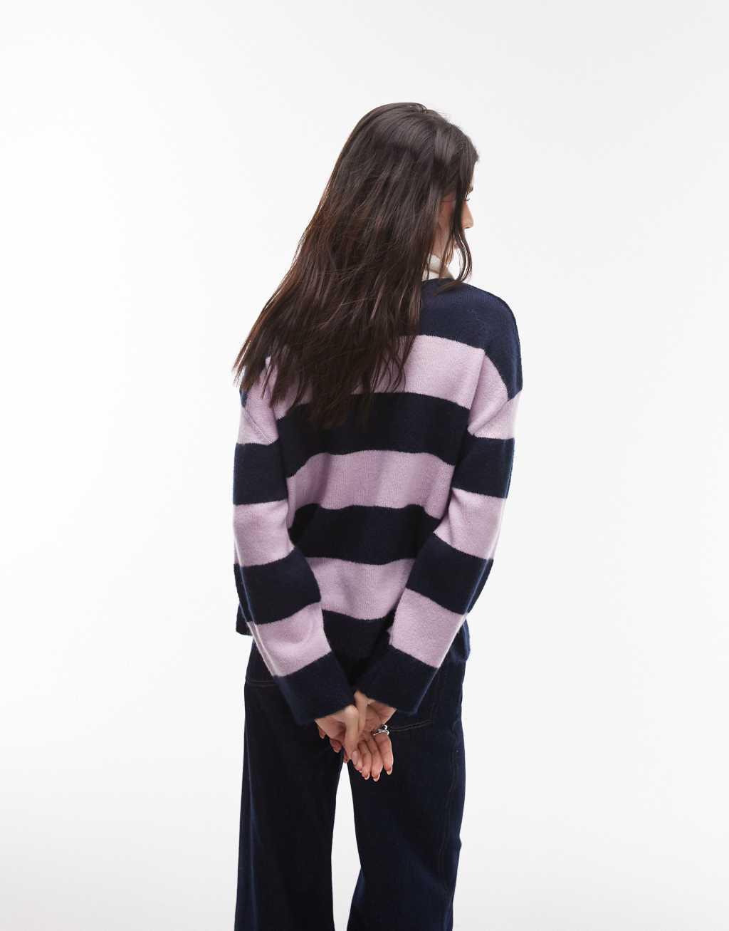 Topshop knitted polo top in navy/pink Product Image