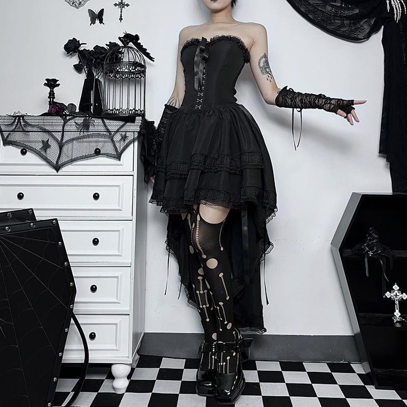 Strapless Plain Bow Lace Trim High Low A-Line Corset Dress Product Image