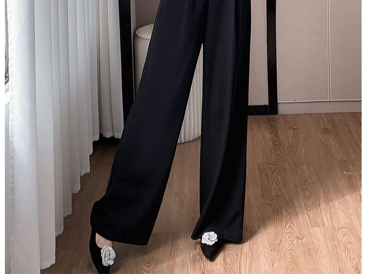 Long-Sleeve Faux Leather Wide Leg Jumpsuit Product Image