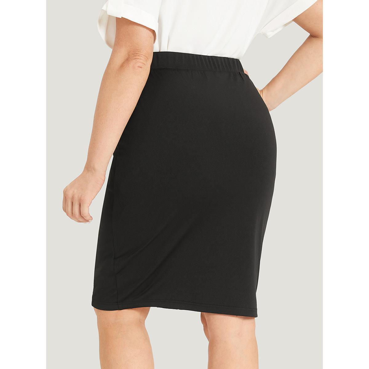 Plus Size Plain Guipure Lace Elastic Waist Skirt Women Black Office Patchwork Low stretch Work Skirts BloomChic 14-16/1X Product Image