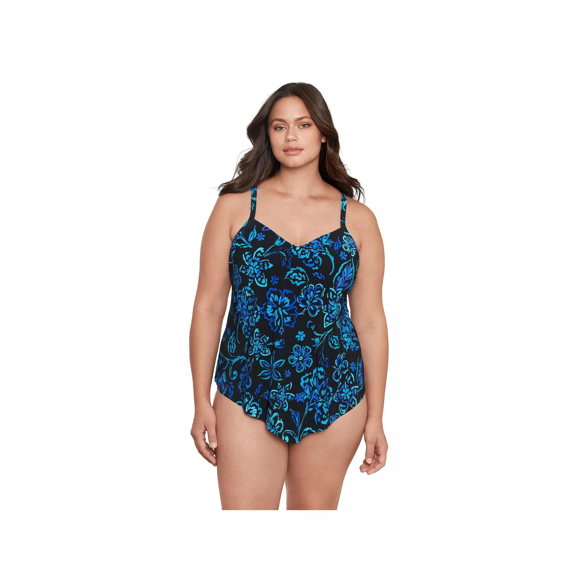 Plus Size Trimshaper Concentric Corners Hank Tankini Swim Top, Women's, Size: 24 W, Black Team Product Image