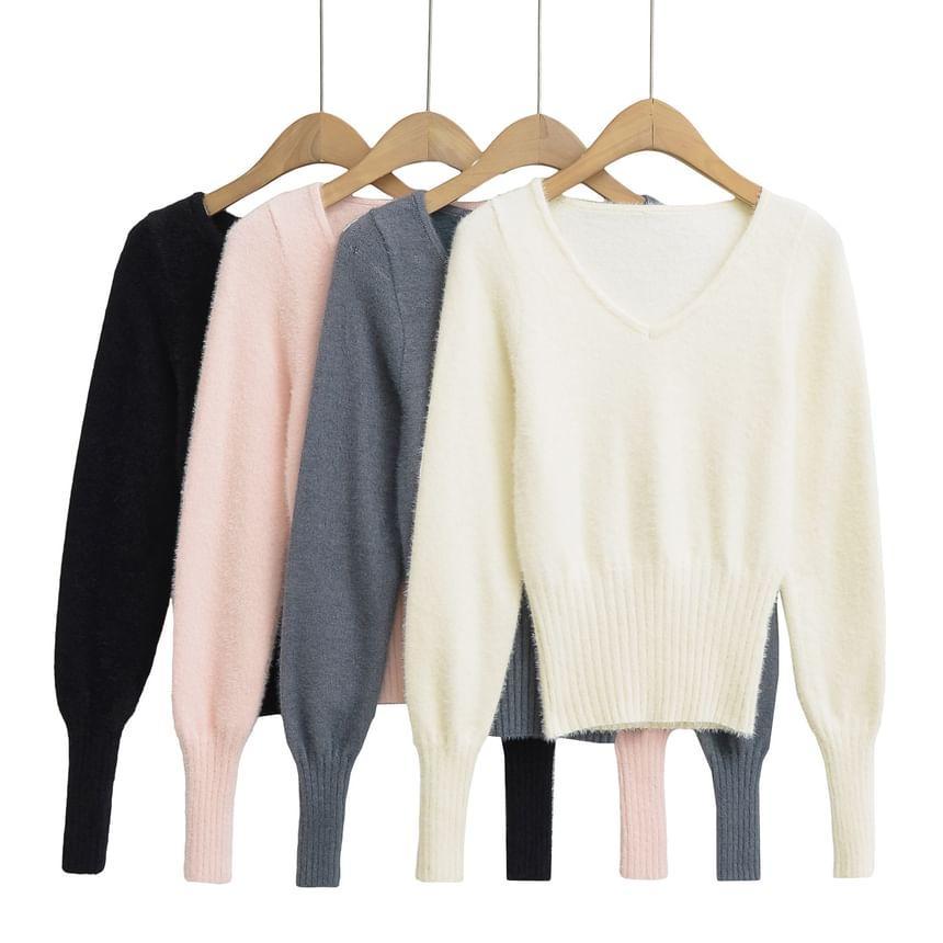 Long-Sleeve V-Neck Plain Sweater Product Image
