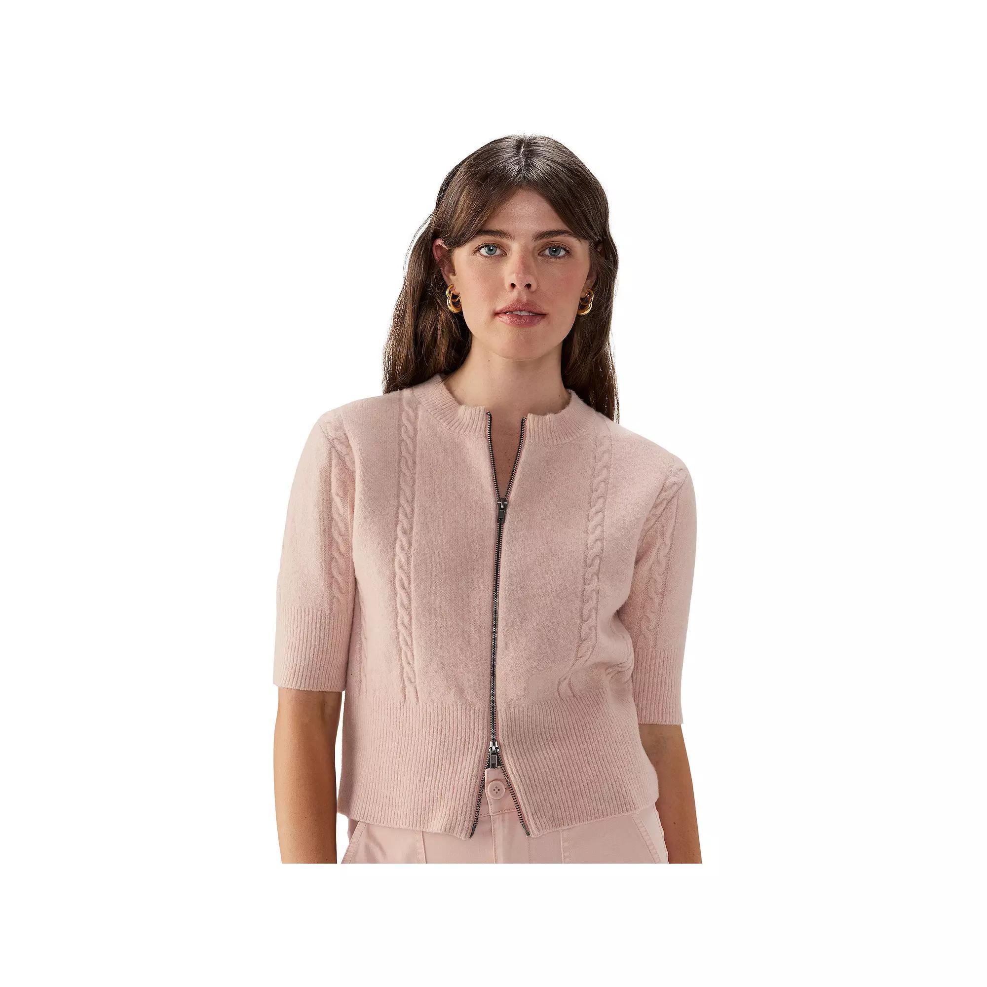 Women's Modern Supply by Sanctuary Zip-Up Short Sleeve Cardigan, Size: XL, Light Pink Product Image
