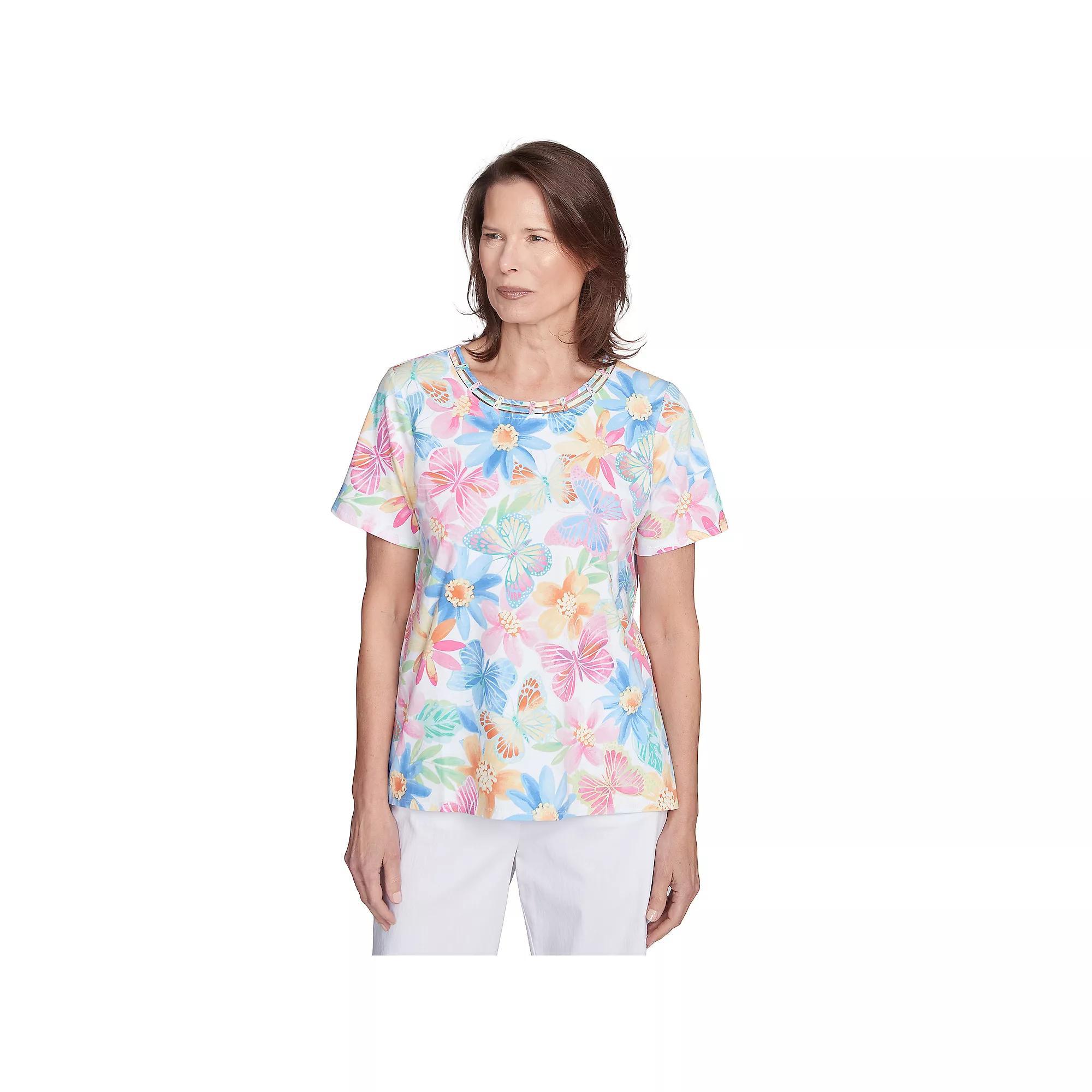 Petite Alfred Dunner Spring Butterfly Crew Neck Top, Women's, Size: XL Petite, Pink Team Product Image