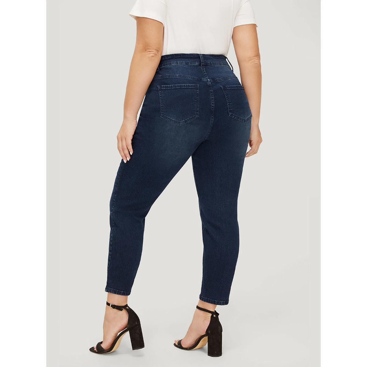 Plus Size Very Stretchy High Rise Dark Wash Paint Jeans Women DarkBlue Casual Plain High stretch Pocket Jeans BloomChic 28/5X Product Image