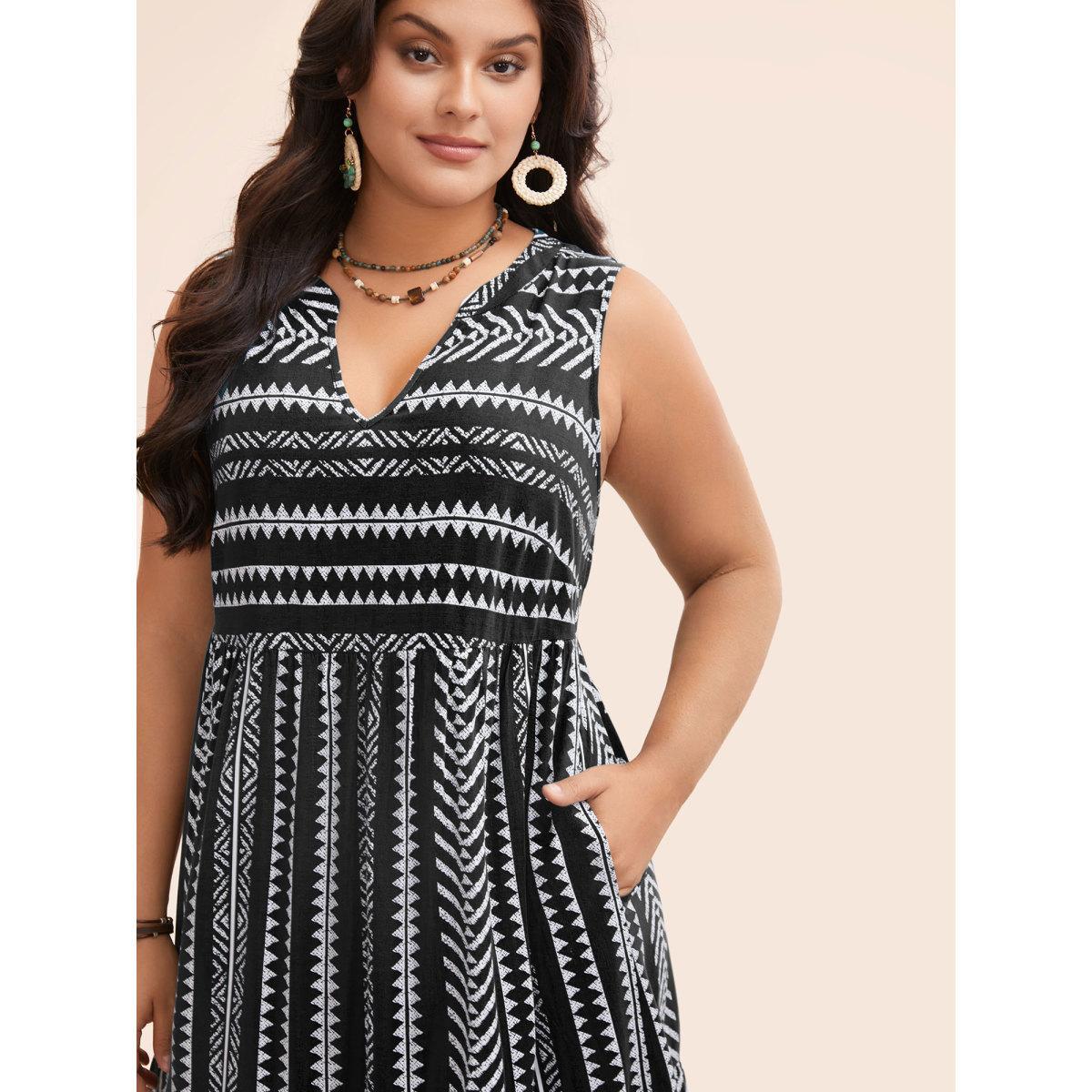 Plus Size Striped Geometric Pocket Ruffle Hem Sleeveless Tank Dress Black Women Casual Non V-neck Sleeveless Curvy BloomChic 10/M Product Image