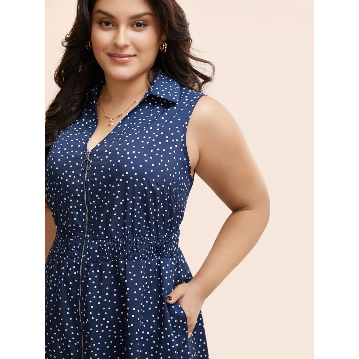Plus Size Polka Dot Zipper Split Front Sleeveless Dress Indigo Women Elegant Slit V-neck Sleeveless Curvy BloomChic 12/L Product Image