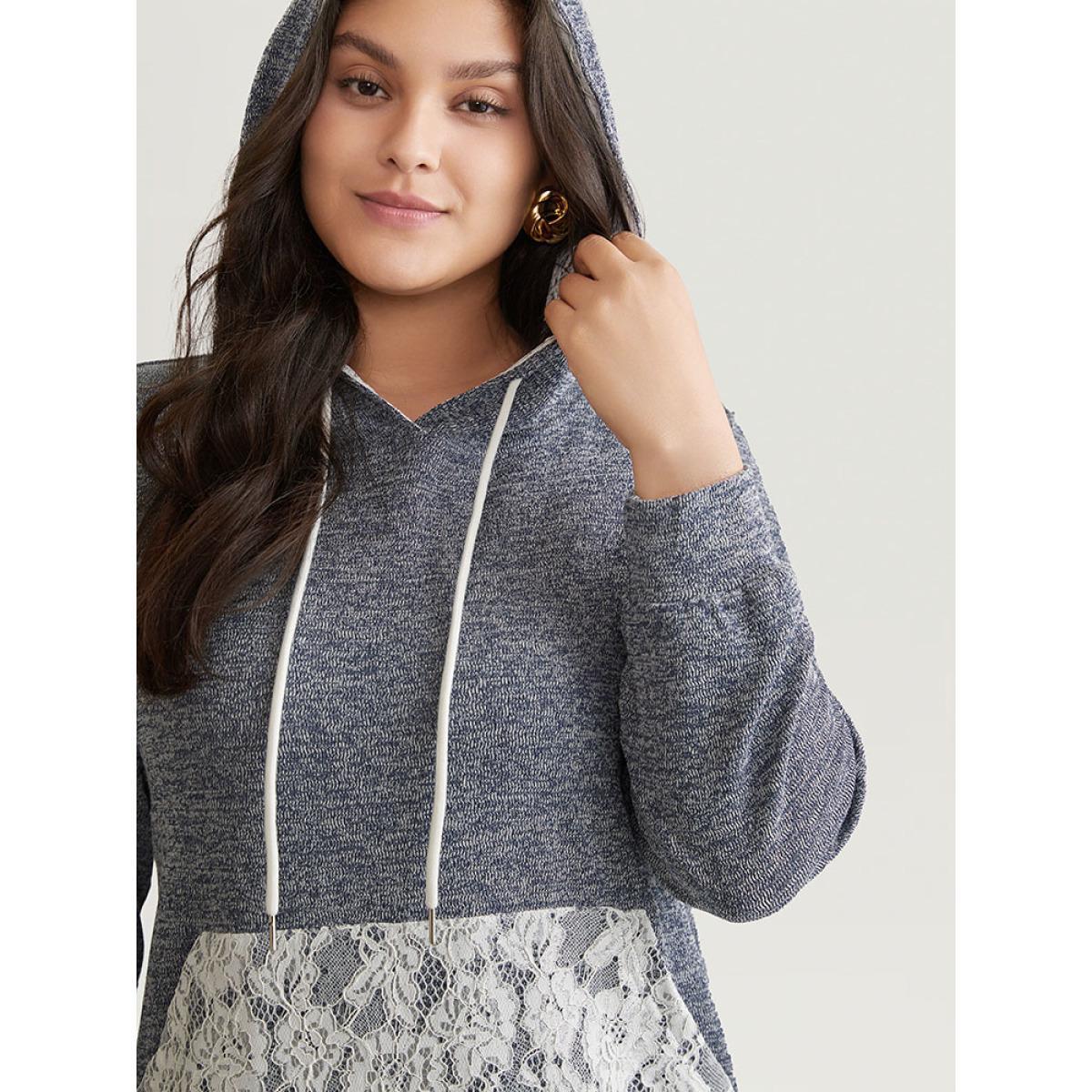 Plus Size Crochet Lace Patchwork Pocket Hooded Sweatshirt Women Indigo Casual Contrast Hooded Everyday Sweatshirts BloomChic 22-24/3X Product Image