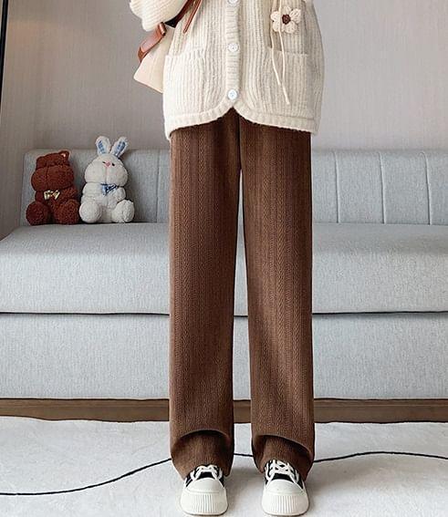High Rise Plain Ribbed Loose Fit Pants Product Image