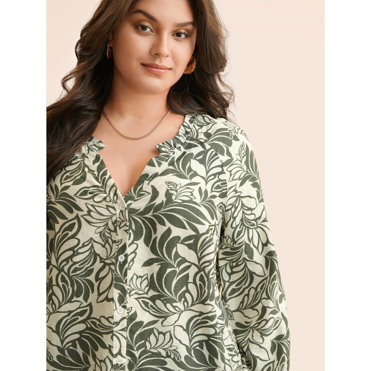 Plus Size ArmyGreen Silhouette Floral Print Ruffle Trim Blouse Women Elegant Long Sleeve Notched collar Everyday Blouses BloomChic 22-24/3X Product Image