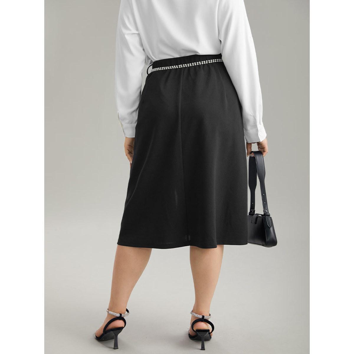 Plus Size Plain Pearl Beaded Detail Split Side Skirt Women Black Office Style accents No stretch Belt Work Skirts BloomChic 26/4X Product Image