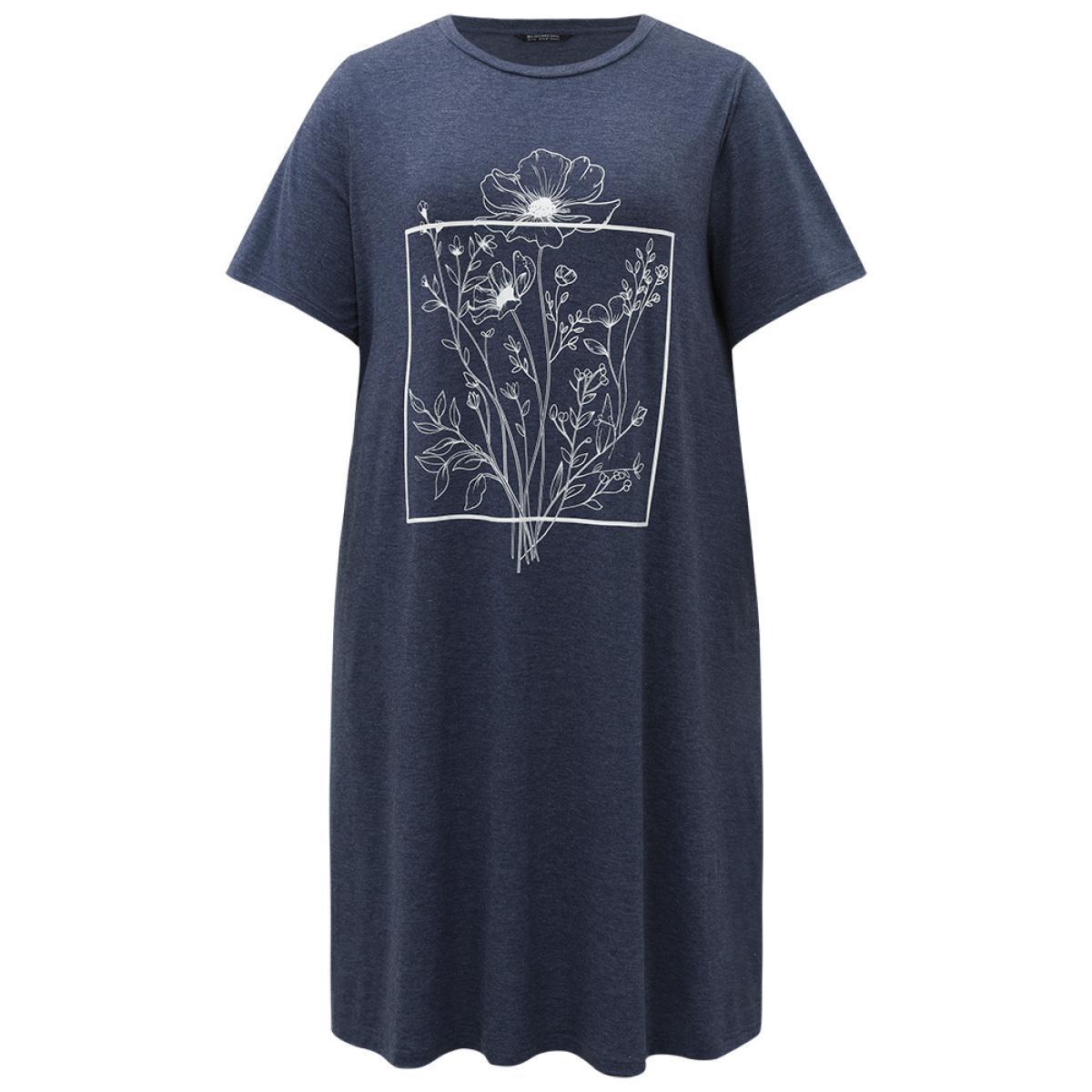 Plus Size Supersoft Essentials Floral Print Pocket Round Neck Dress Indigo Women Casual Plain Curvy Midi Dress BloomChic 22-24/3X Product Image