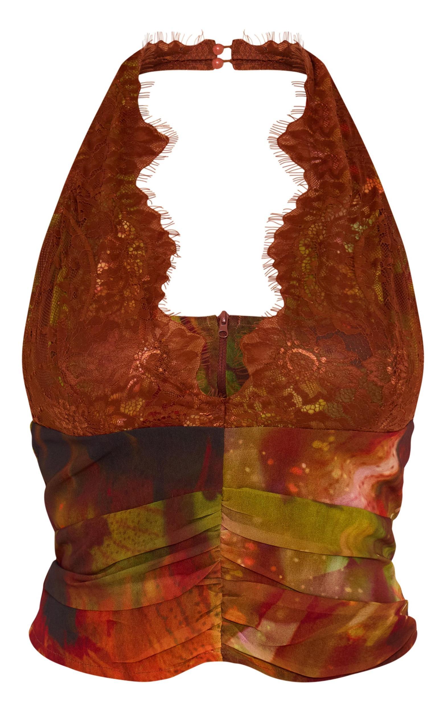 Orange Lace Detail Chiffon Printed Plunge Long Top Product Image