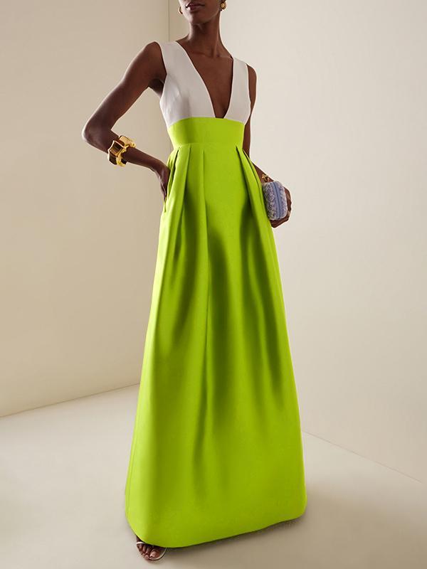 A-Line High Waisted Contrast Color Pleated Zipper Deep V-Neck Maxi Dresses Product Image