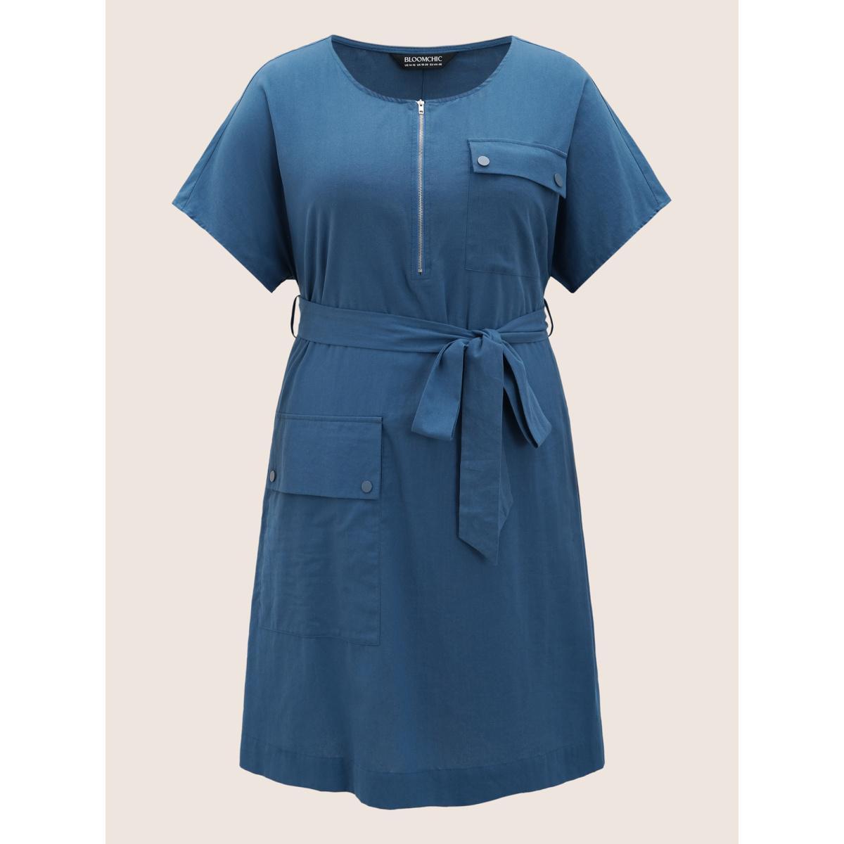 Plus Size Round Neck Half Zip Flap Detail Belted Dress Mediumblue Women Work From Home Belted Round Neck Short sleeve Curvy BloomChic 26/4X Product Image