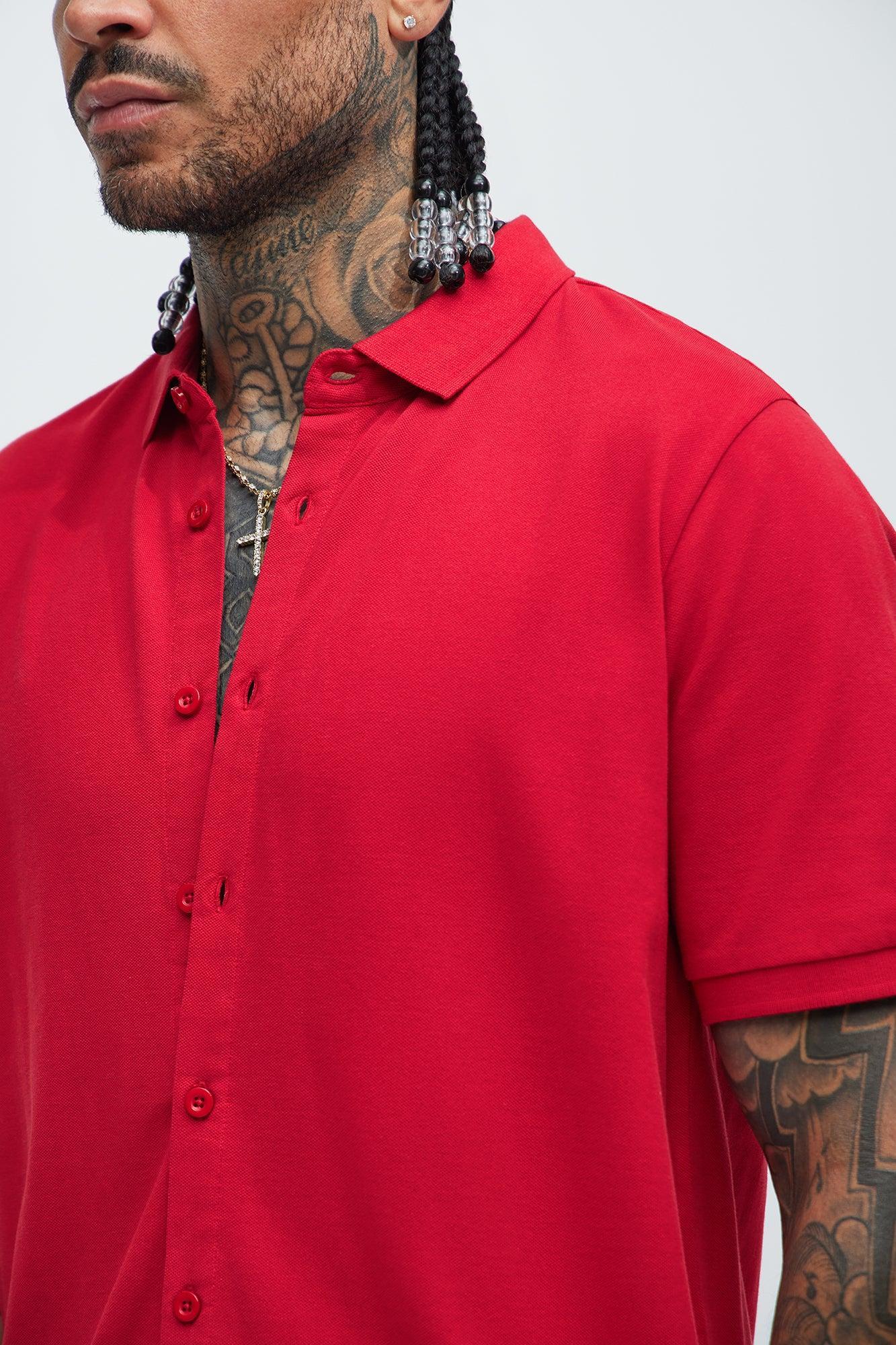 Owen Short Sleeve Knit Button Up - Red Product Image