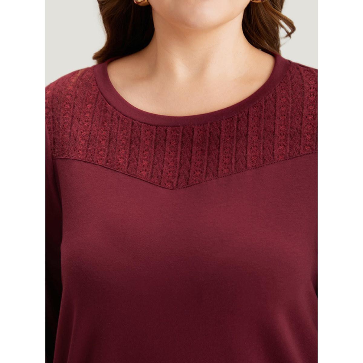 Plus Size Plain Eyelet Lace Crew Neck Sweatshirt Women Burgundy Elegant Elastic cuffs Round Neck Dailywear Sweatshirts BloomChic 28/5X Product Image