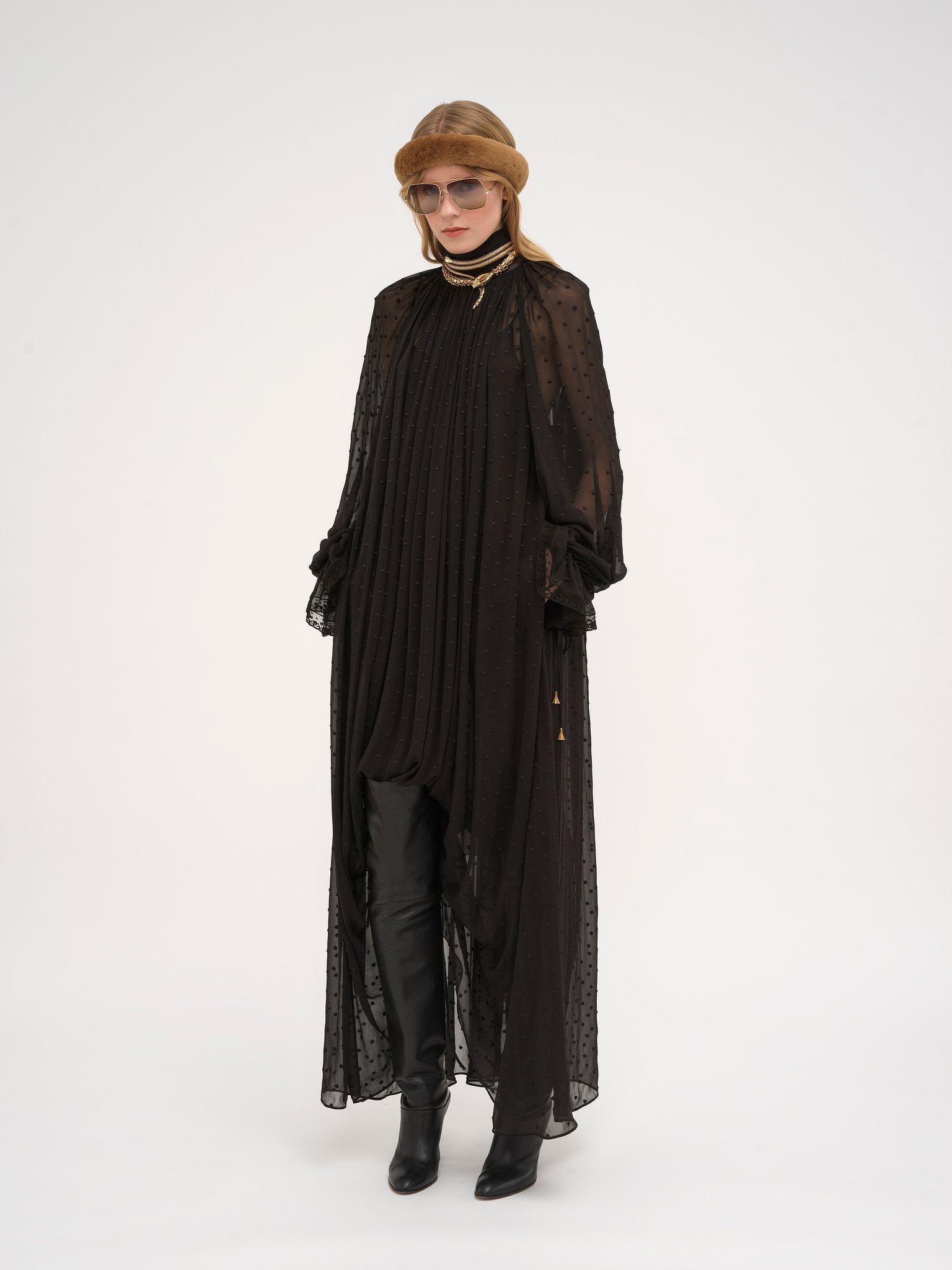 Gathered long dress in silk georgette plumetis Product Image
