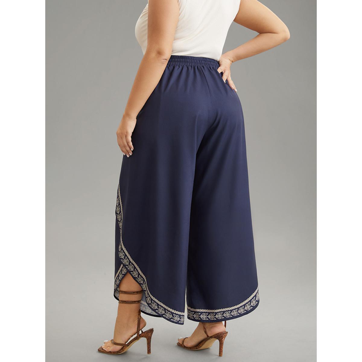 Plus Size Bandana Tassel Trim High Rise Curved Hem Pants Women Indigo Vacation Wide Leg High Rise Vacation Pants BloomChic 28/5X Product Image