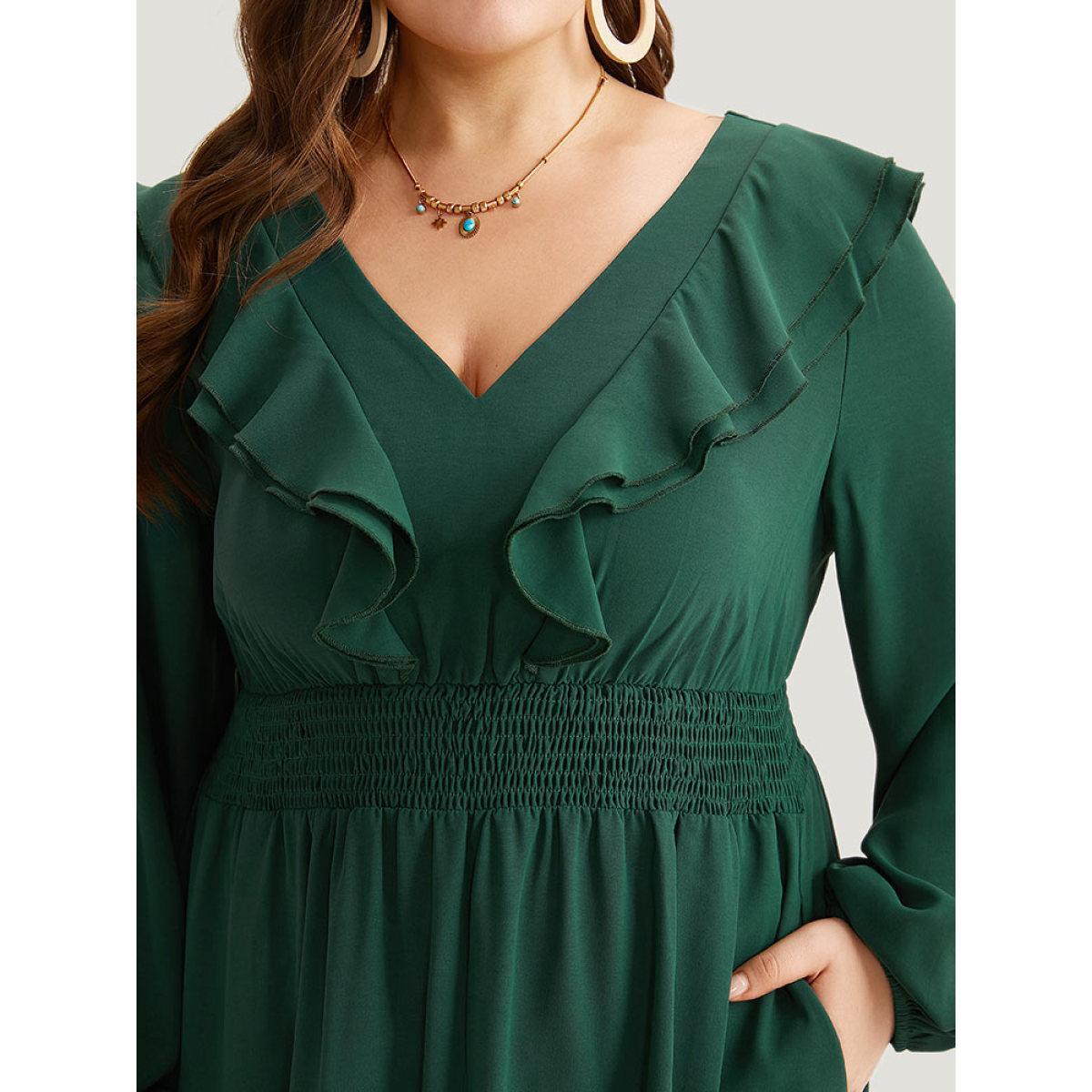 Plus Size Solid Shirred Ruffle Trim Pleated Dress DarkGreen Women Vacation Elastic cuffs V-neck Long Sleeve Curvy Midi Dress BloomChic 12/L Product Image