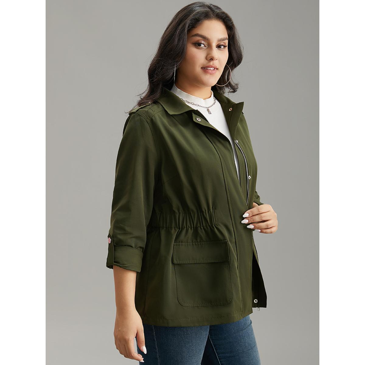 Plus Size Solid Elastic Waist Zipper Fly Flap Pocket Coat Women Cyan Casual Plain Ladies Dailywear Winter Coats BloomChic 30/6X Product Image