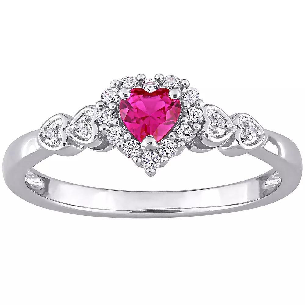 Stella Grace Sterling Silver Lab-Created Ruby, Lab-Created White Sapphire & Diamond Accent Halo Heart Ring, Women's, Size: 7 Product Image