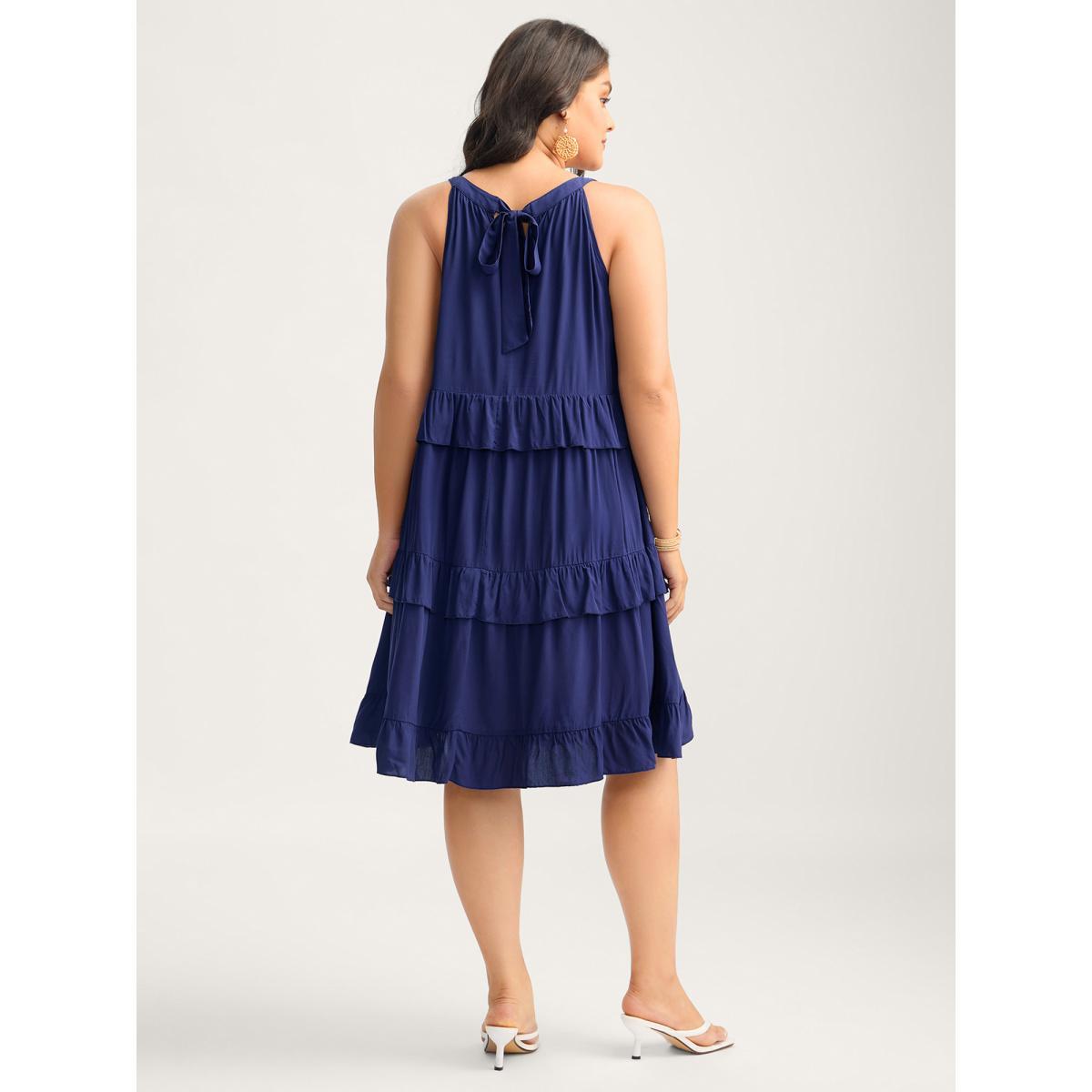 Plus Size Ruffled Tiered A-Line Tie Midi Dress DarkBlue Women Round Neck Sleeveless Curvy BloomChic 30/6X Product Image