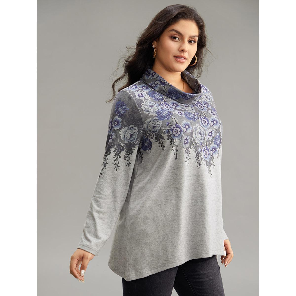 Plus Size Boho Print Mock Neck T-shirt Gray Women Casual Plain Floral Mock Neck Dailywear T-shirts BloomChic 14-16/1X Product Image
