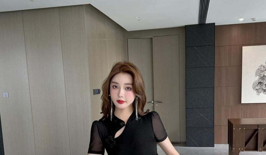 Short Sleeve Mandarin Collar Plain Cutout Panel Mesh Mini Sheath Dress Product Image