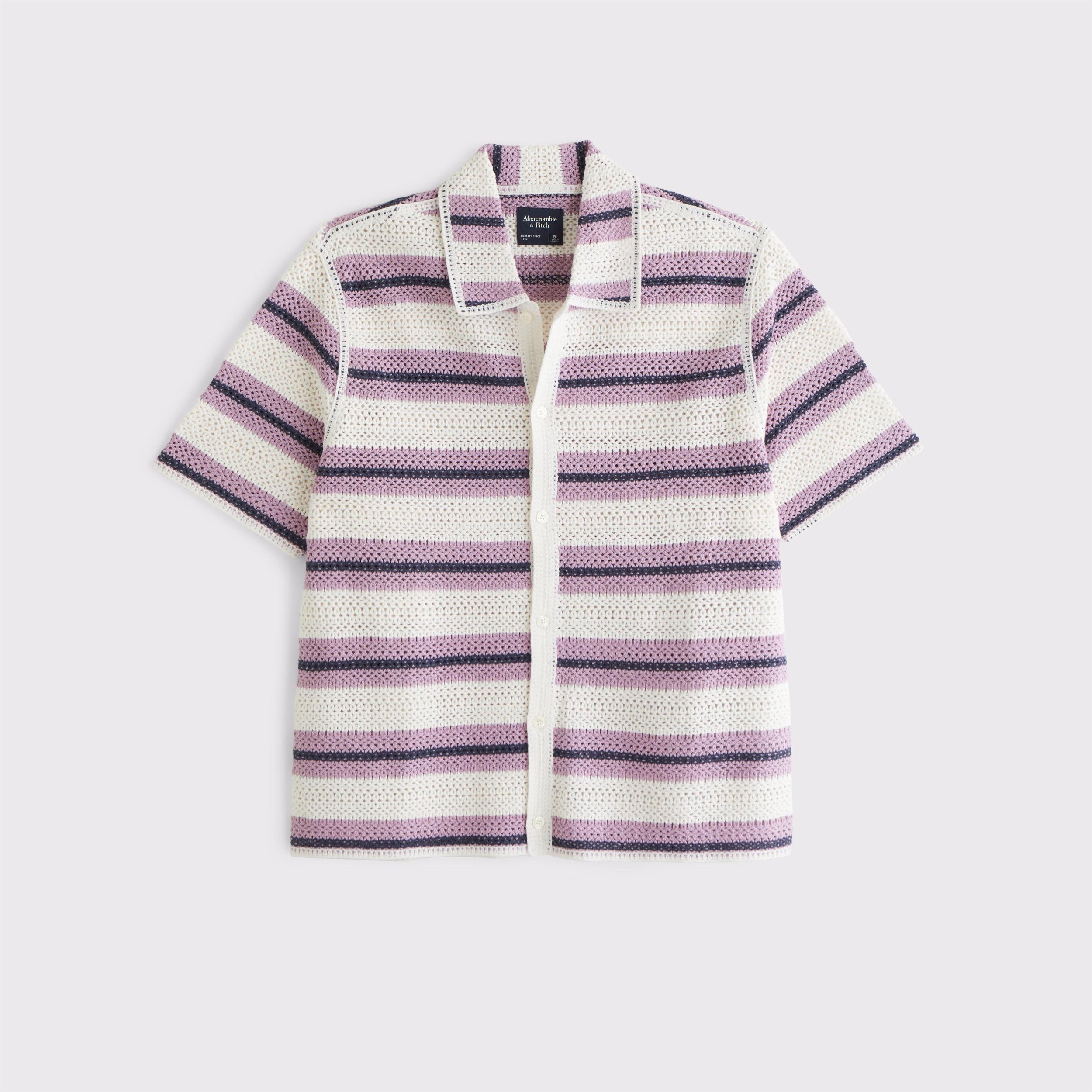 Crochet-Style Striped Button-Through Sweater Polo Product Image