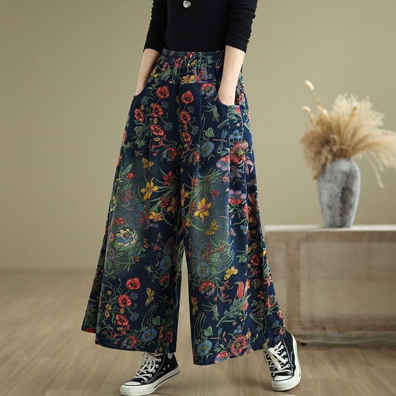 Mid Rise Floral Print Wide Leg Pants Product Image