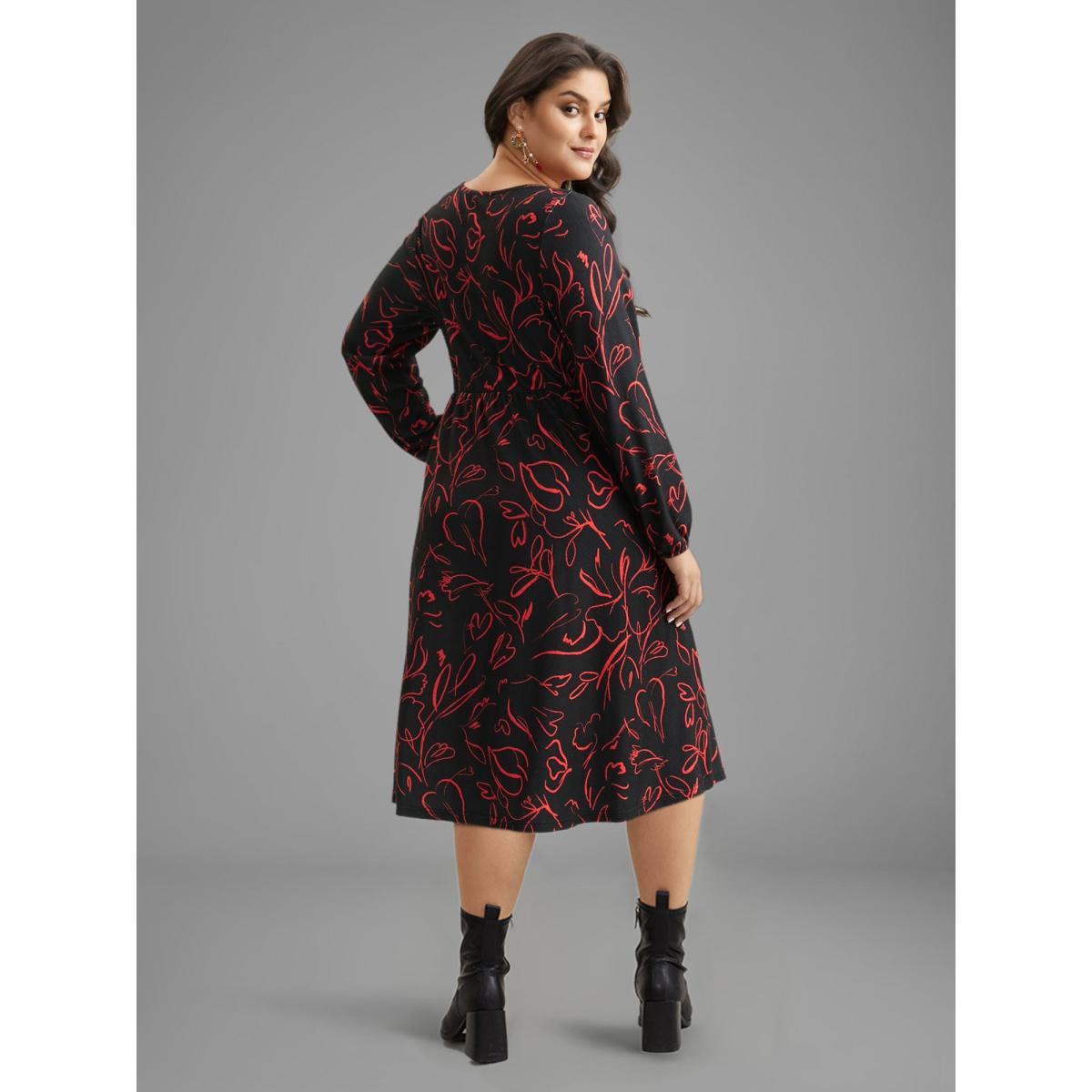Plus Size Floral Knit Round Neck Midi Dress BlackFlower Women Casual Non Party Curvy Bloomchic 26/4X Product Image