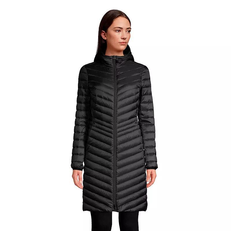 Women's Lands' End Hooded Wanderweight Ultralight Packable Long Down Coat, Size: Medium Tall, Black Product Image