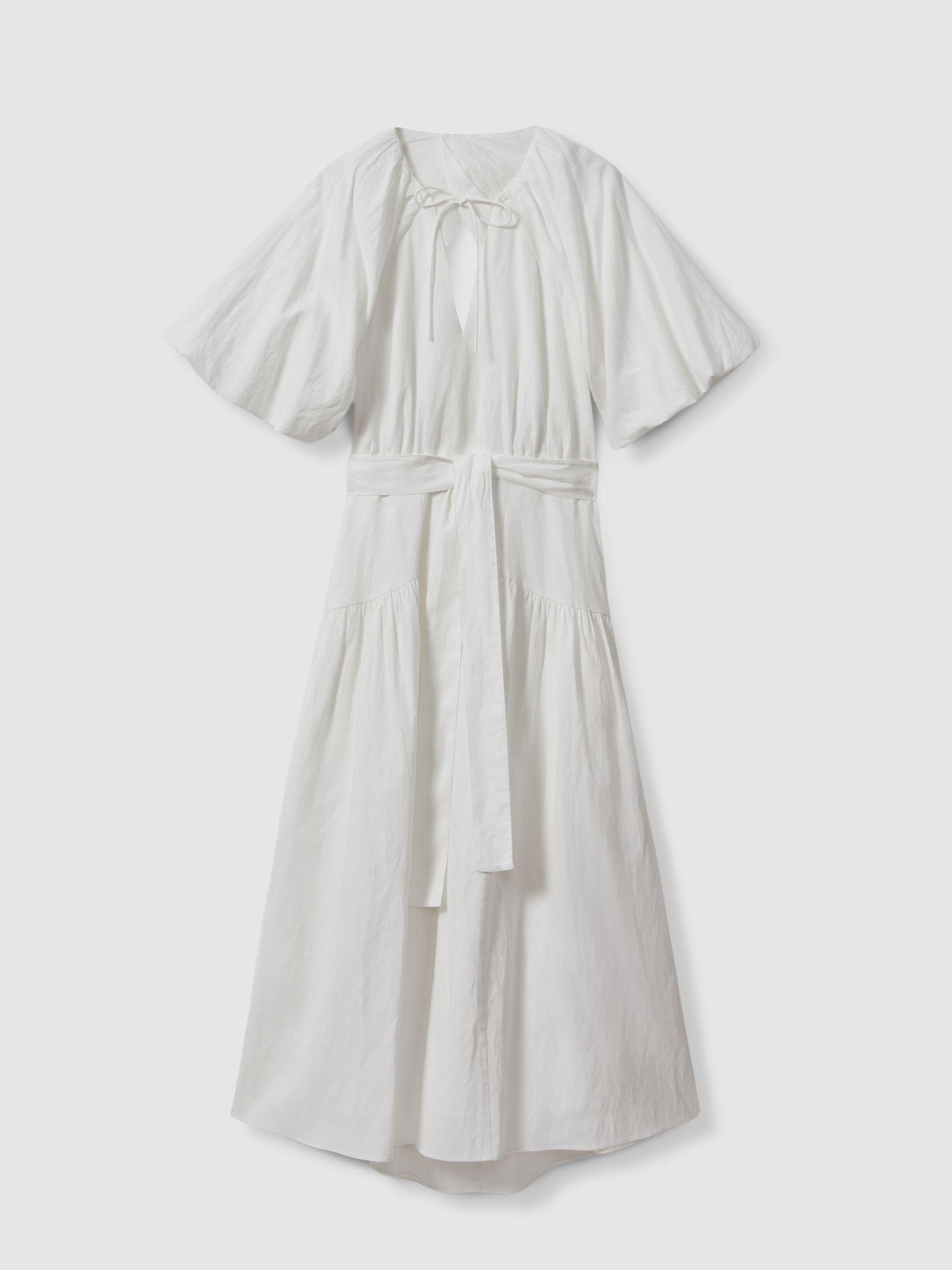 Petite Lyocell Blend Puff Sleeve Midi Dress in White Product Image
