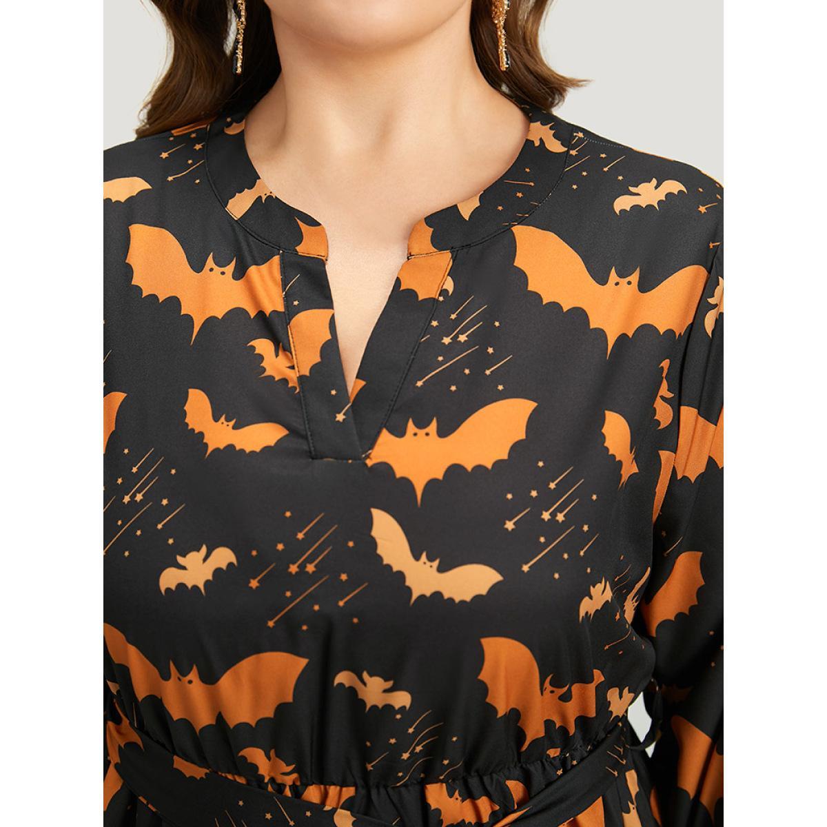 Plus Size Halloween Bat Print Notched Belted Pocket Dress Black Women Office Elastic cuffs Notched collar Elbow-length sleeve Curvy Midi Dress BloomChic 28/5X Product Image