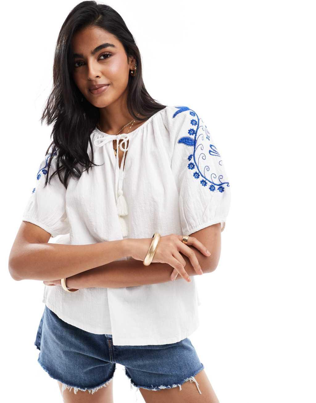 JDY embroidered sleeve top in white Product Image
