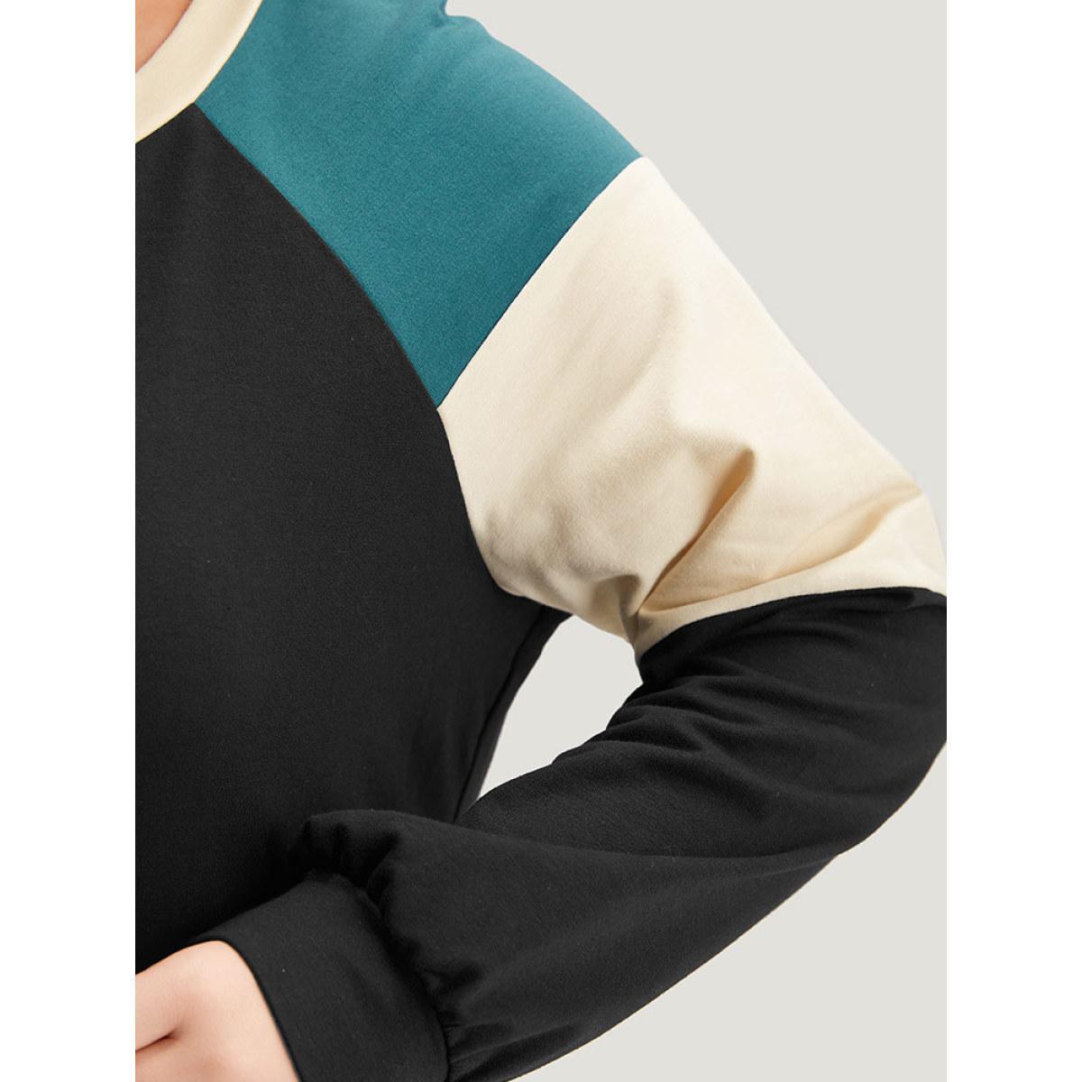 Plus Size Colorblock Contrast Raglan Sleeve Sweatshirt Women Black Casual Elastic cuffs Round Neck Dailywear Sweatshirts BloomChic 10/M Product Image