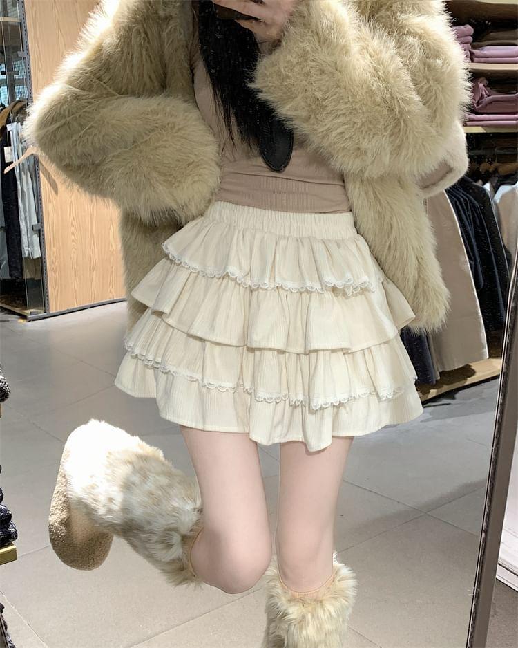 High Waist Plain Lace Trim Tiered Mini A-Line Skirt Product Image