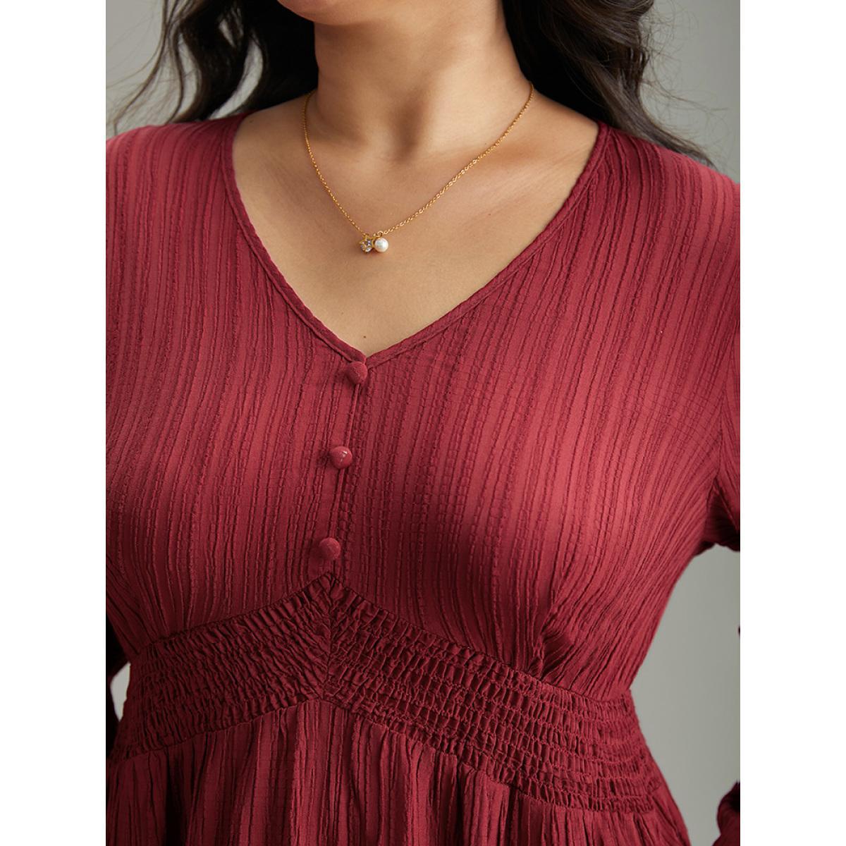 Plus Size Solid Plisse Button Detail Shirred Dress Scarlet Women Elegant Elastic cuffs V-neck Long Sleeve Curvy Midi Dress BloomChic 10/M Product Image