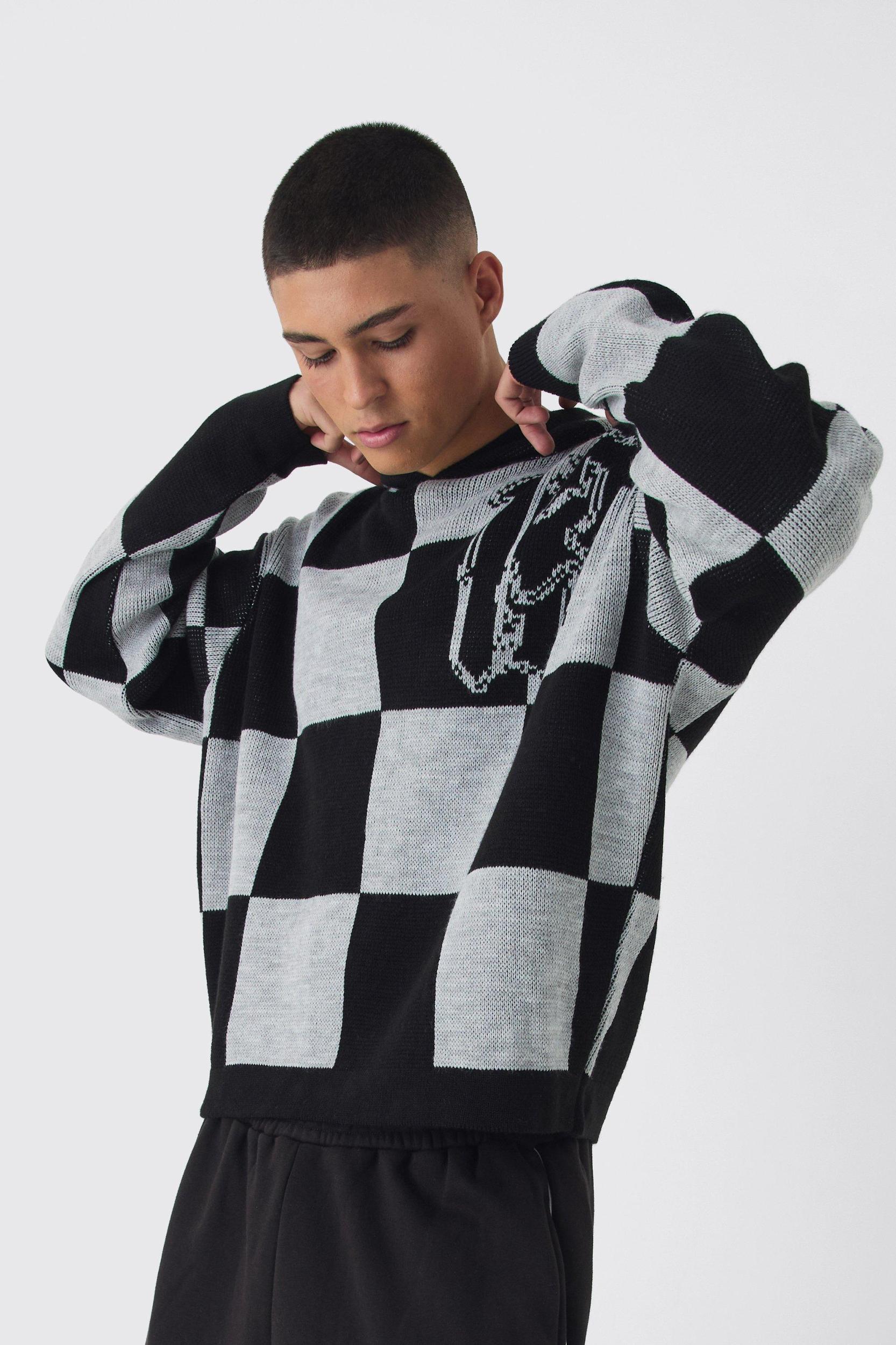 Oversized Boxy Jacquard 13 Checkered Knitted Hoodie | boohooMAN USA Product Image