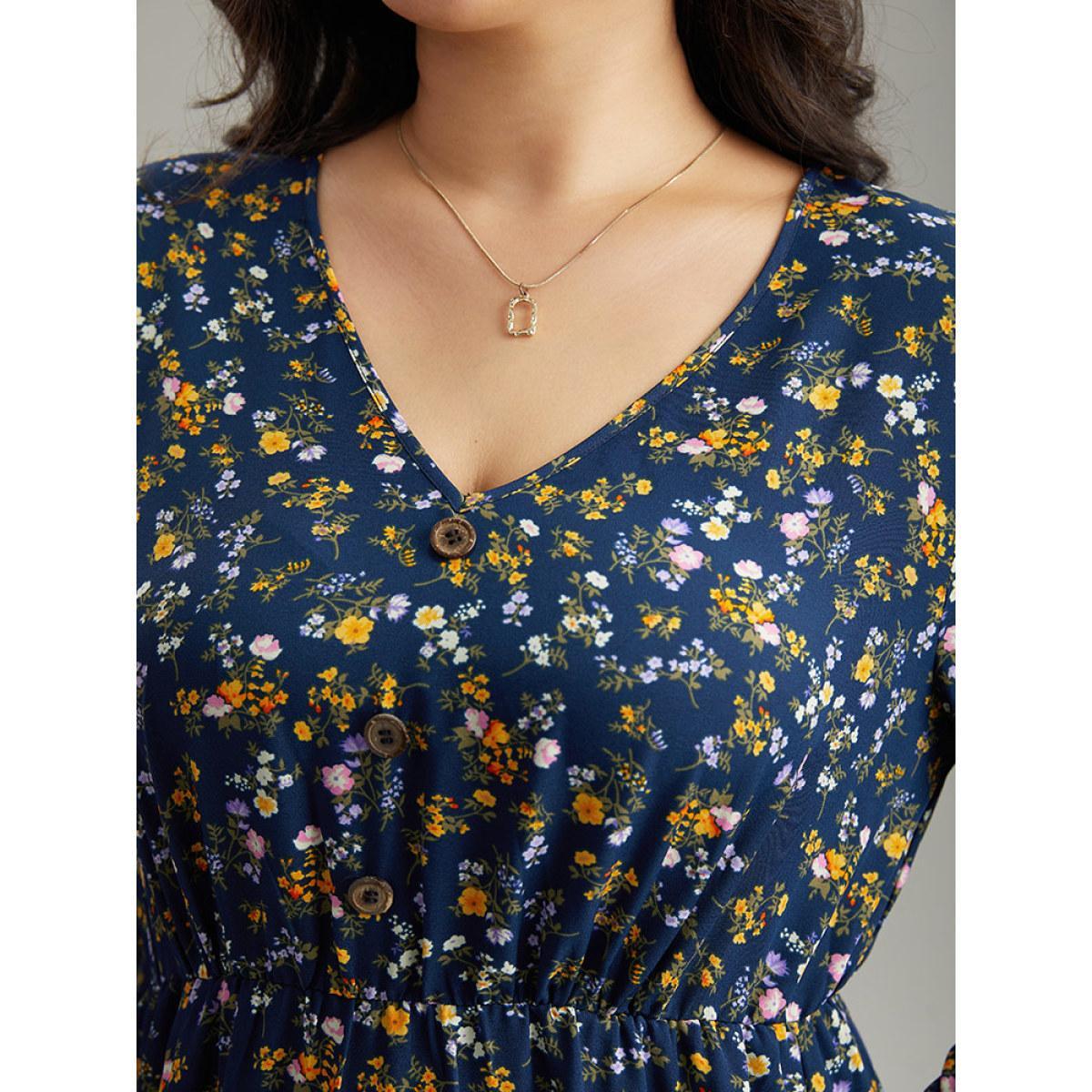 Plus Size Ditsy Floral Button Detail Ruffles Pocket Dress Navy Women Office Printed V-neck Long Sleeve Curvy Midi Dress BloomChic 28/5X Product Image