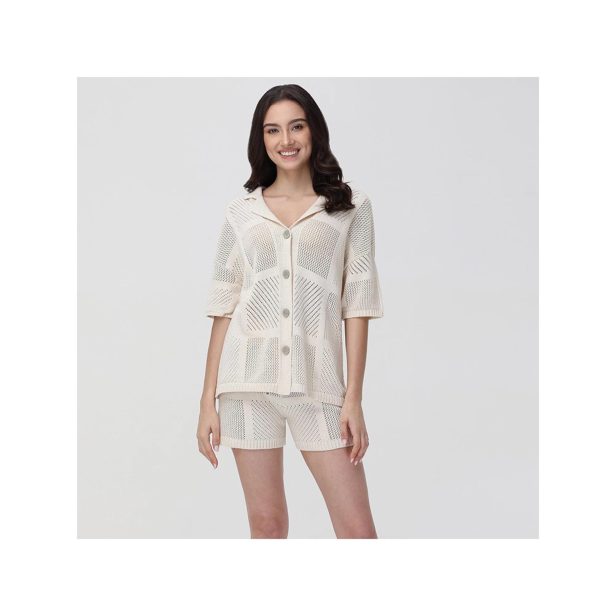 Women's Adyson Parker Notchneck Short Sleeve Woven Pointelle Pajama Shirt & Pajama Shorts, Girl's, Size: XXL, Wheat Product Image